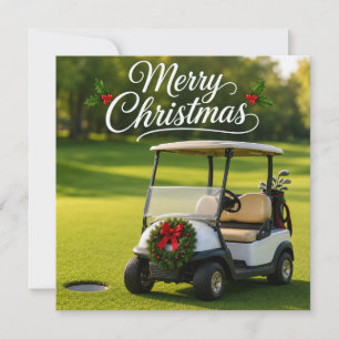 Golf Christmas with golf cart on green grass Card