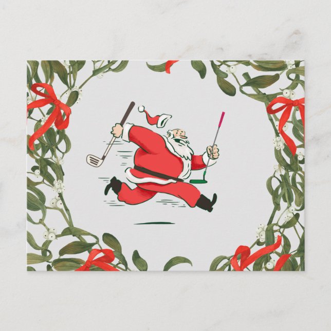 Golf Christmas with running Santa Claus golfing    Postcard (Front)