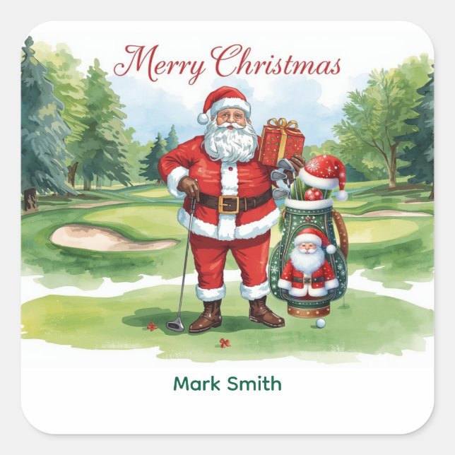 Golf Christmas with Santa Claus at golf course Square Sticker (Front)