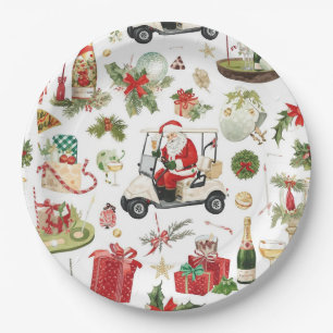 Golf Christmas with Santa Claus golfing Paper Plate