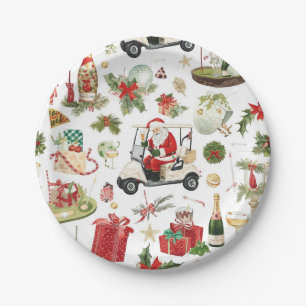 Golf Christmas with Santa Claus golfing Paper Plate