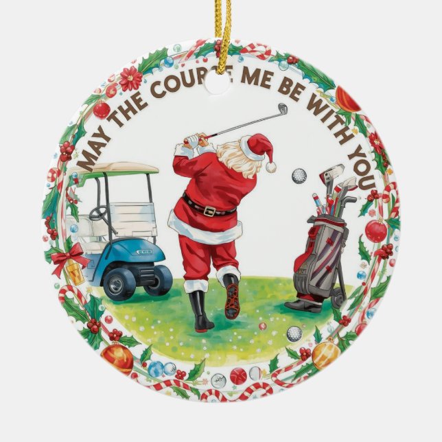 Golf Christmas with Santa Golfer on golf course  Ceramic Ornament (Front)
