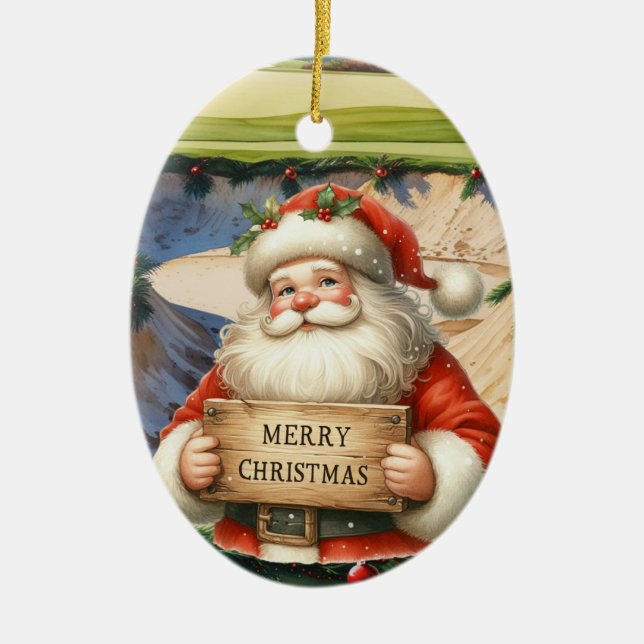 Golf Christmas with Santa Golfer on golf course  Ceramic Ornament (Front)