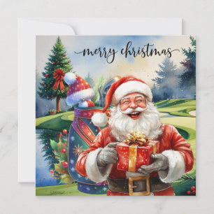 Golf Christmas with Santa Golfer on golf course Holiday Card