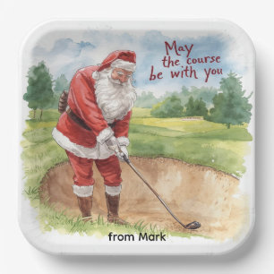 Golf Christmas with Santa Golfer on golf course  Paper Plate
