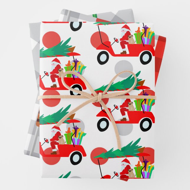 Golf Christmas with Santa riding golf cart Wrapping Paper Sheet (In situ)