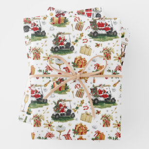 Golf Christmas with Santa riding golf cart Wrapping Paper Sheet