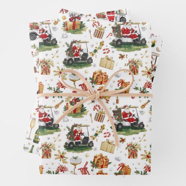 Golf Christmas with Santa riding golf cart Wrapping Paper Sheet (In situ)
