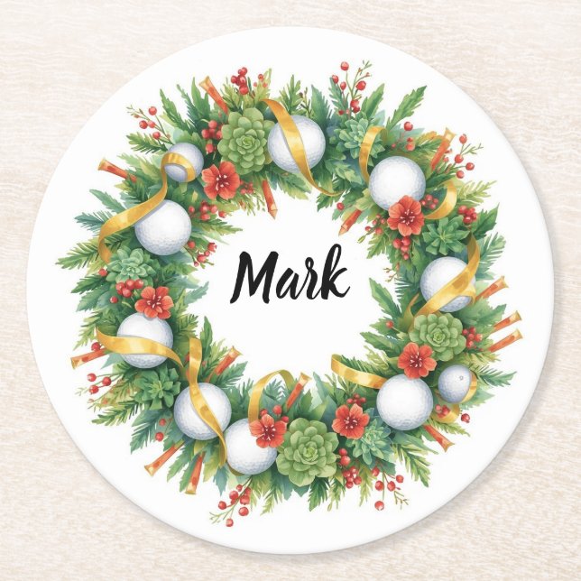 Golf Christmas Wreath with Golfer Name Round Paper Coaster (Front)
