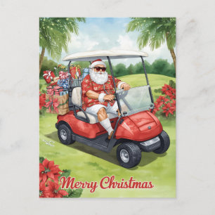Golf ChristmasSanta driving golf cart Holiday Postcard