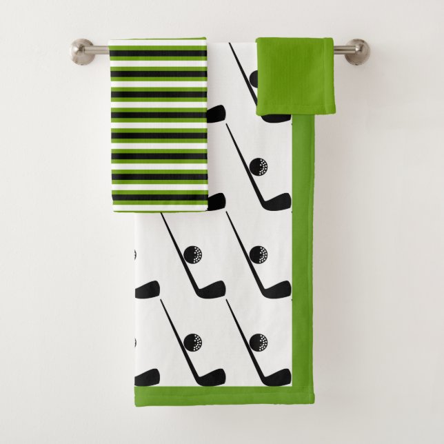 Golf club and ball black, green bathroom towel set (Insitu)