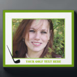 Golf club and ball black, green custom plaque<br><div class="desc">Golf club and ball black,  green plaque that features a minimalist icon of a black golf club and ball and your text on white background with green border.</div>