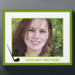 Golf club and ball black, green custom plaque<br><div class="desc">Golf club and ball black,  green plaque that features a minimalist icon of a black golf club and ball and your text on white background with green border.</div>