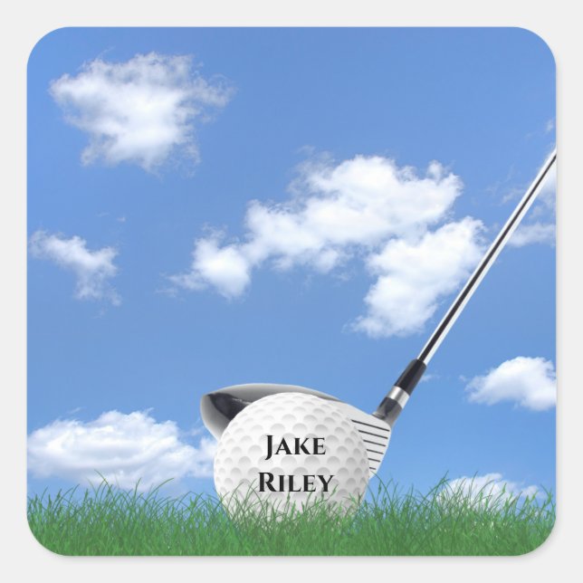 golf club and ball in grass square sticker (Front)