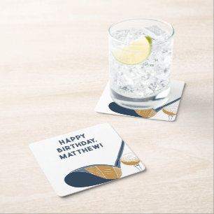 Golf Club and Ball Personalized Golfers Birthday Square Paper Coaster