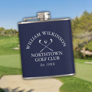 Golf Club And Member Name Navy Blue Hip Flask