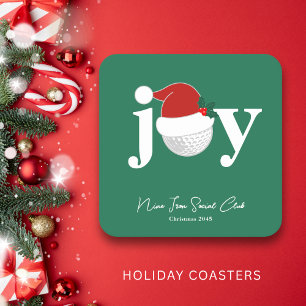 Golf Club Holiday Joy Typography Festive Green Square Paper Coaster