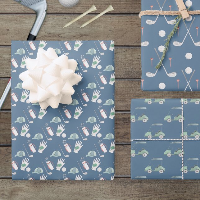 Golf Clubs and Cart Golfing Wrapping Paper Sheet (Golf lover wrapping paper set)