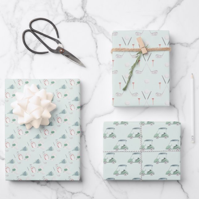 Golf Clubs and Golf Cart Wrapping Paper Sheet (Front)