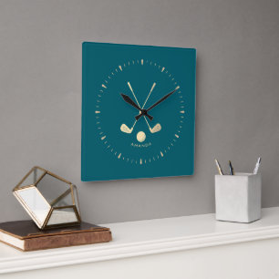 Golf Clubs Personalized Gold and Dark Green Square Wall Clock