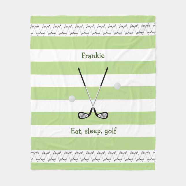 Golf clubs personalized green striped fleece blanket (Front)