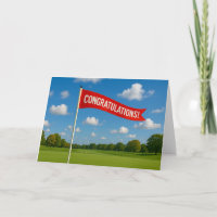 Golf congratulations with golf flag on green grass