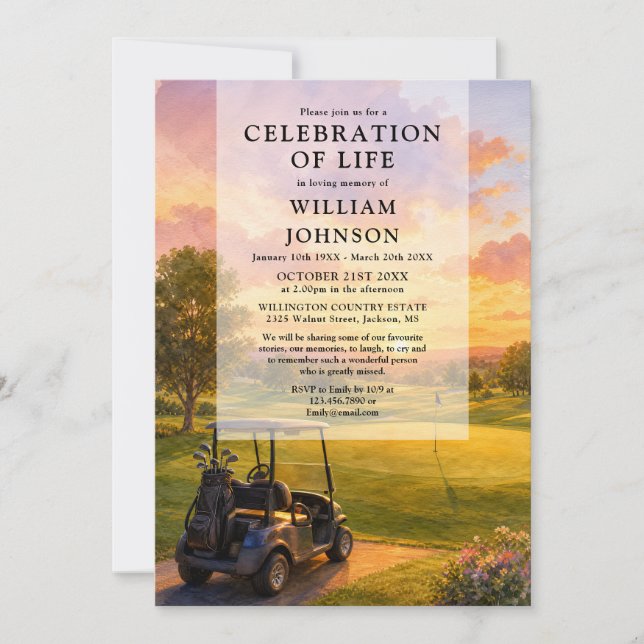 Golf Course Buggy Celebration of Life Funeral Invitation (Front)