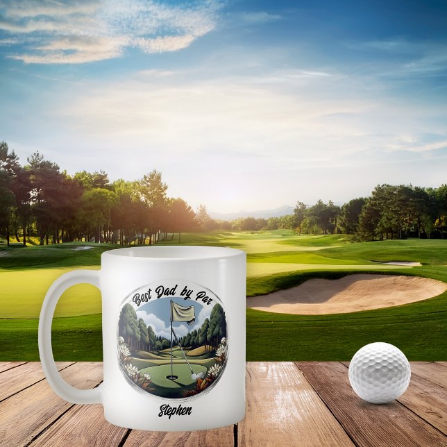 Golf Course Club and Ball Best Dad by Par Name Coffee Mug (Golf Course Club and Ball with Flag "Best Dad by Par" Name Coffee Mug)