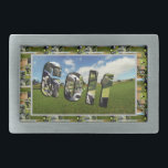 Golf Course Photo Collage And Logo, Belt Buckle<br><div class="desc">Pictured is a golf course with a the words golf made from a golf clubs image,  surrounded by various golfing images</div>