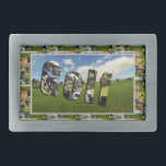 Golf Course Photo Collage And Logo, Belt Buckle<br><div class="desc">Pictured is a golf course with a the words golf made from a golf clubs image,  surrounded by various golfing images</div>