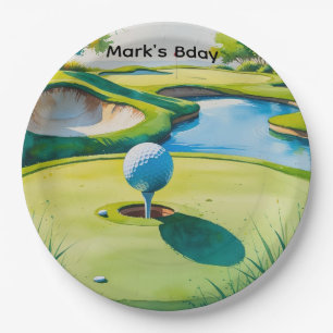 Golf course watercolor paper plate