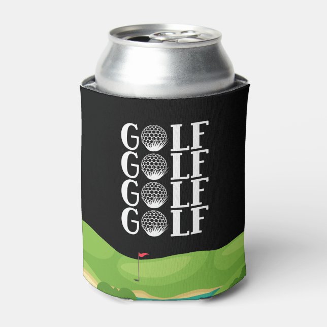 Golf course with word golf on black background can cooler (Can Front)