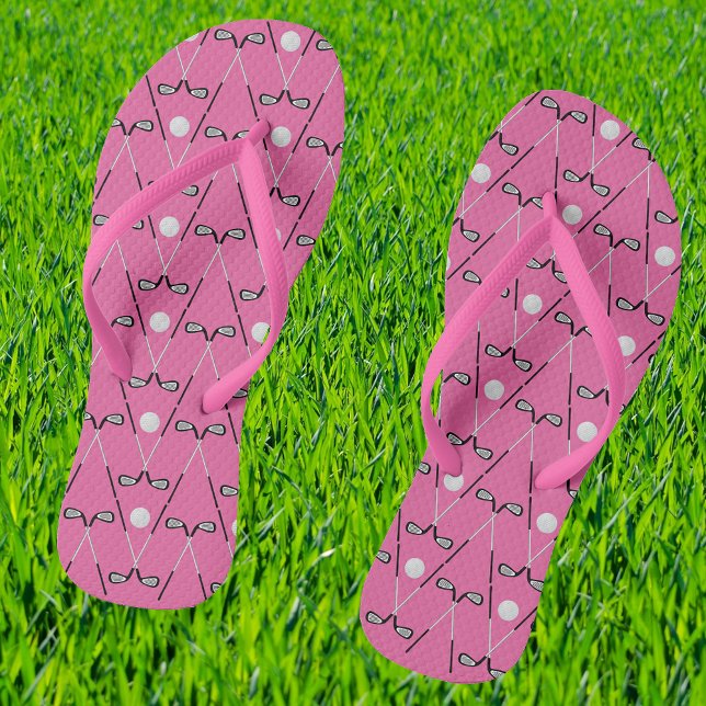 Golf crossed clubs pattern pink flip flops (Showing option with pink narrow straps)