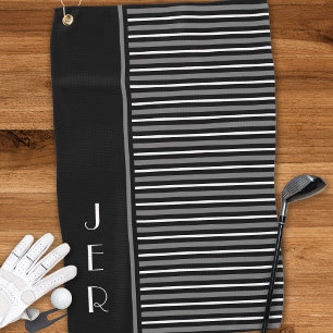 Golf Custom Initials    Black Grey Modern Stripes Golf Towel