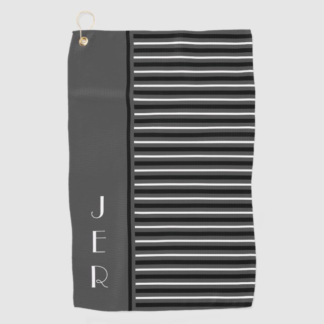 Golf Custom Initials |  Grey Black Modern Stripes Towel (Front)