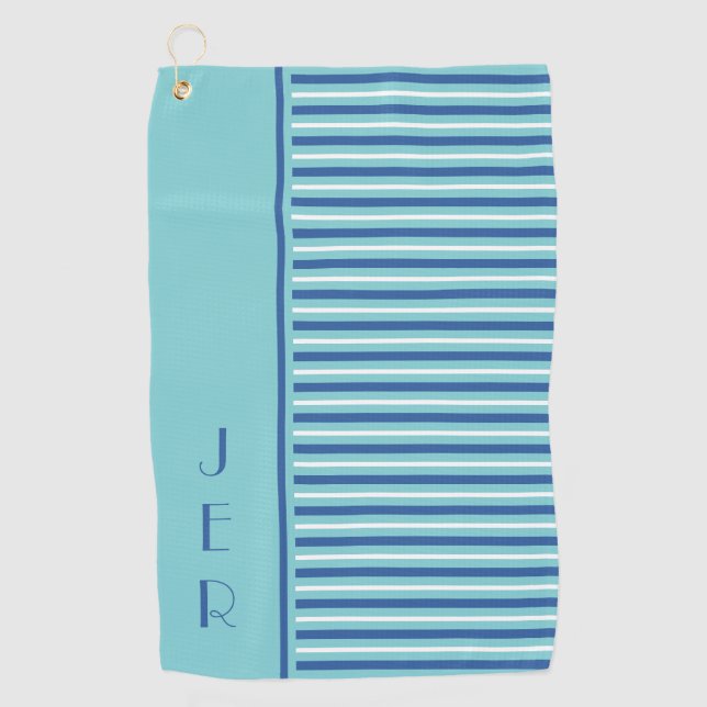 Golf Custom Initials | Teal & Blue Modern Stripe Towel (Front)