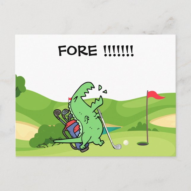 Golf Dinosaur golfing shouting FORE funny golfer   Postcard (Front)