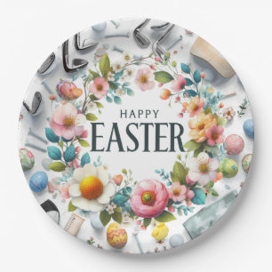 Golf Easter eggs balls and flower and equipment Paper Plate