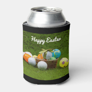 Golf Easter with ball and eggs in basket on green Can Cooler