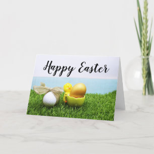 Golf Easter with chicken in egg shell on green Holiday Card