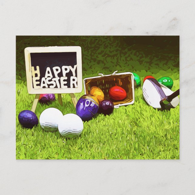 Golf Easter with club and colourful eggs golf ball Holiday Postcard (Front)