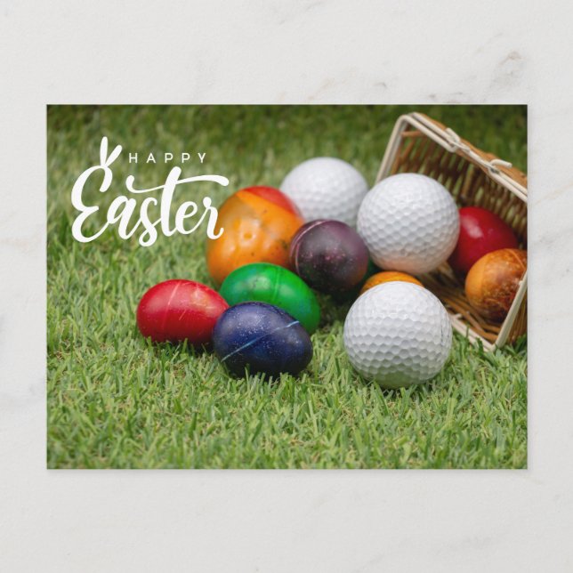 Golf Easter with colourful eggs golf ball  Holiday Postcard (Front)