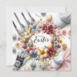 Golf easter with golf equipment with flower holiday card