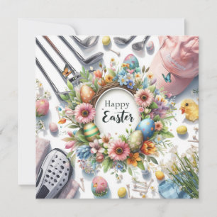 Golf easter with golf equipment with flower holiday card