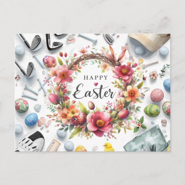 Golf easter with golf equipment with flower postcard (Front)