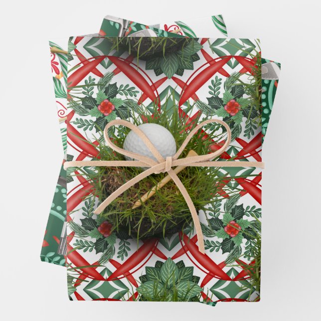 Golf Equipment on Christmas themed  Wrapping Paper Sheet (In situ)