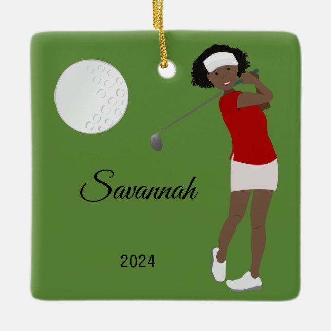 Golf Female Athlete African American Ceramic Ornament (Front)