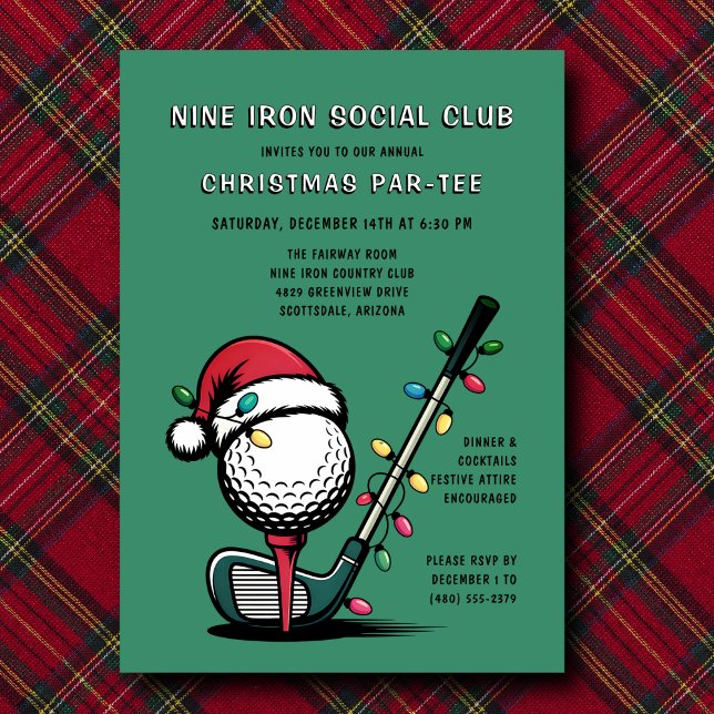 Golf Festive Christmas Holiday Par-tee Green  Invitation (Easily edit all event details—make it yours.)