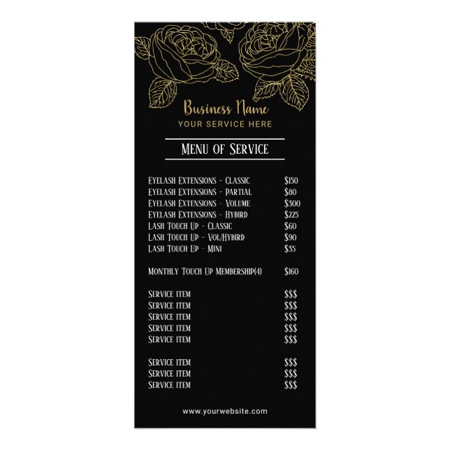 Golf Floral Pattern Black Eyelash Salon Price List Rack Card (Front)
