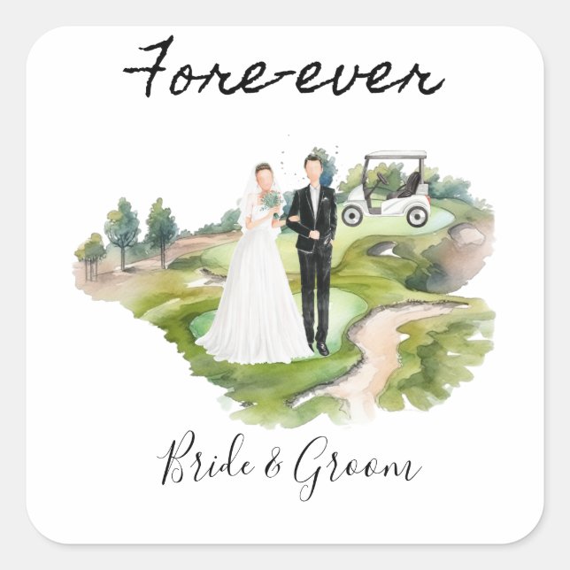 Golf Fore Ever with Bride and Groom Wedding  Square Sticker (Front)